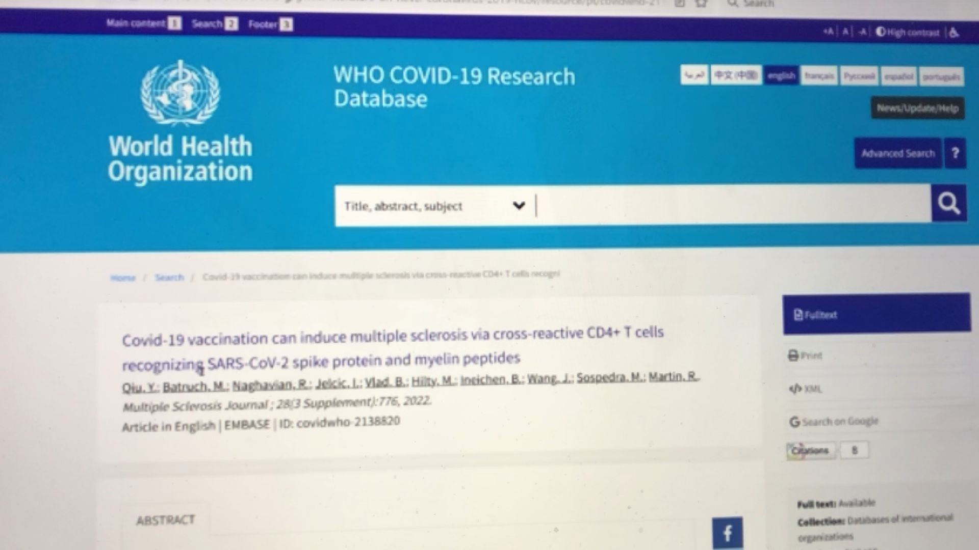 "Covid19 Vaccines can Induce Multiple Sclerosis via Cross Reactivity with T Helper Cells."